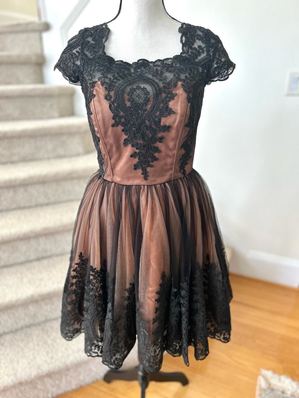 Custom Vintage Inspired Brown & Black Lace Fit & Flare Cocktail Gown